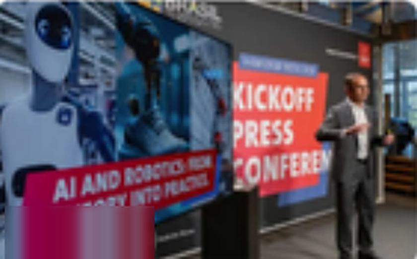 Palestrante ao lado de um telão com a frase AI and Robotics na Hannover Messe.